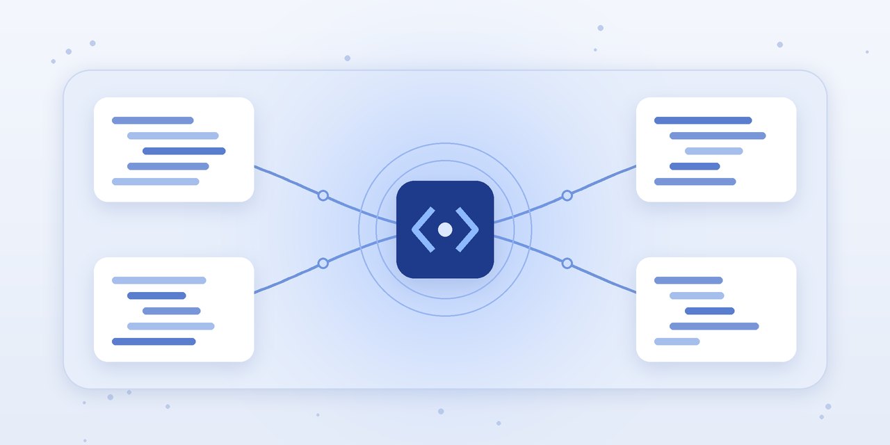 Illustration of four cards with abstract indented lines connected to a central dark blue node with angle brackets