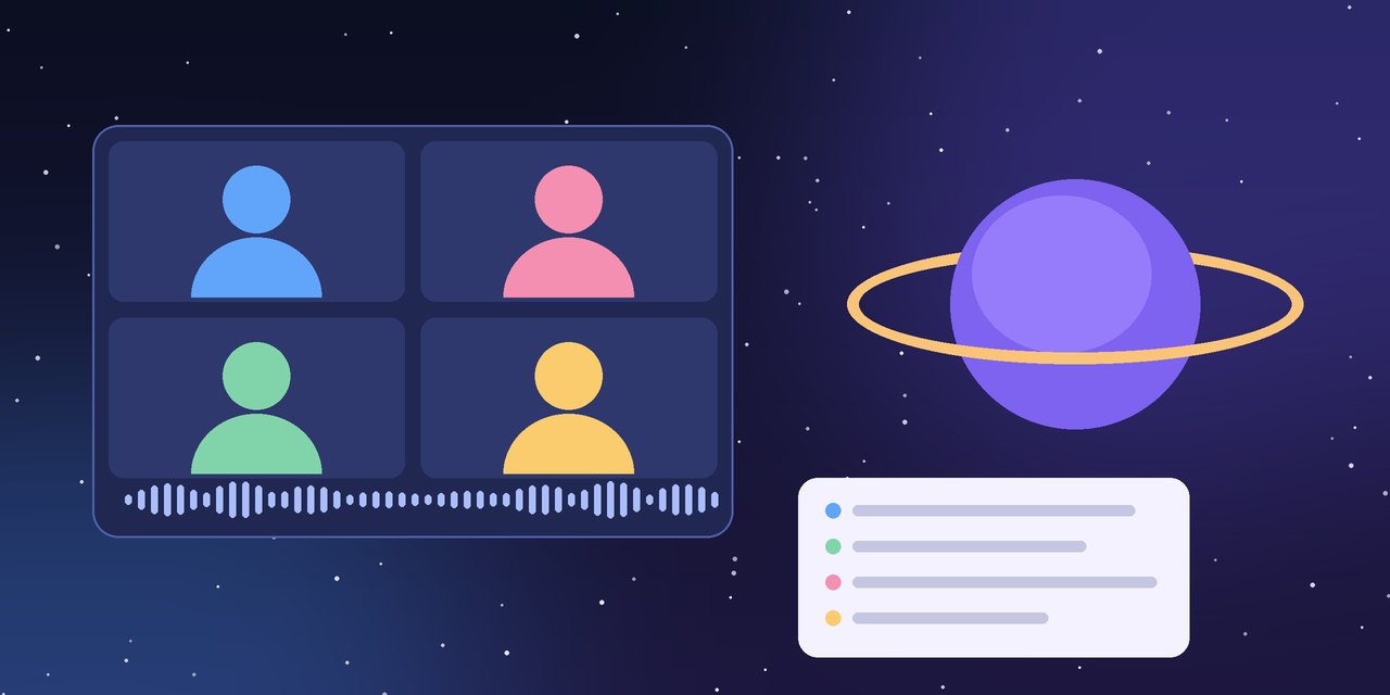 Illustration of a video call grid with a sound wave, a ringed planet and a card of colored note lines on a starry sky.