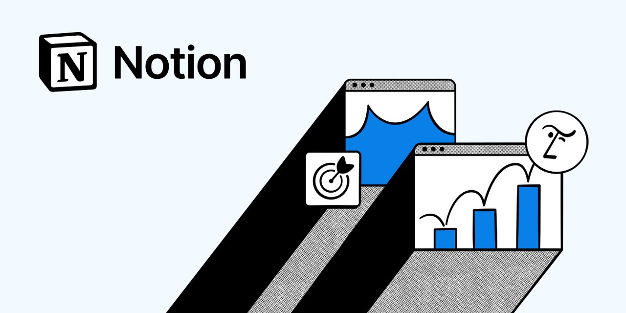The Notion logo appears beside illustrated windows with blue charts and a target icon.