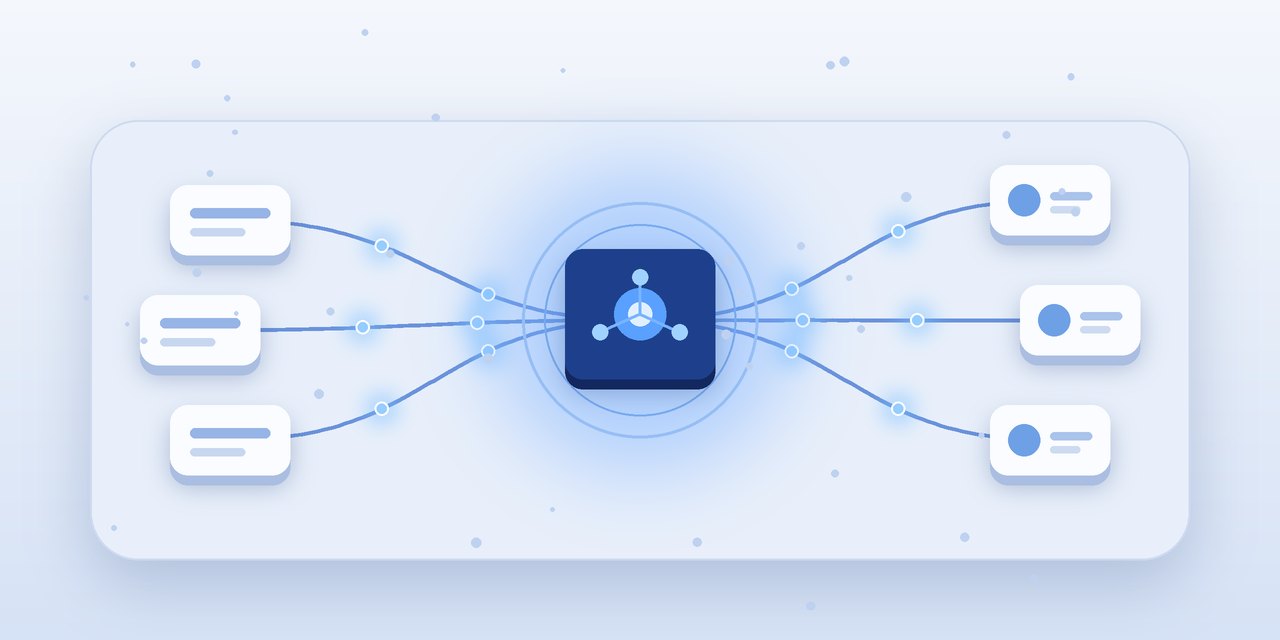 Abstract illustration of input cards flowing through a central agent hub to output cards on a light blue panel