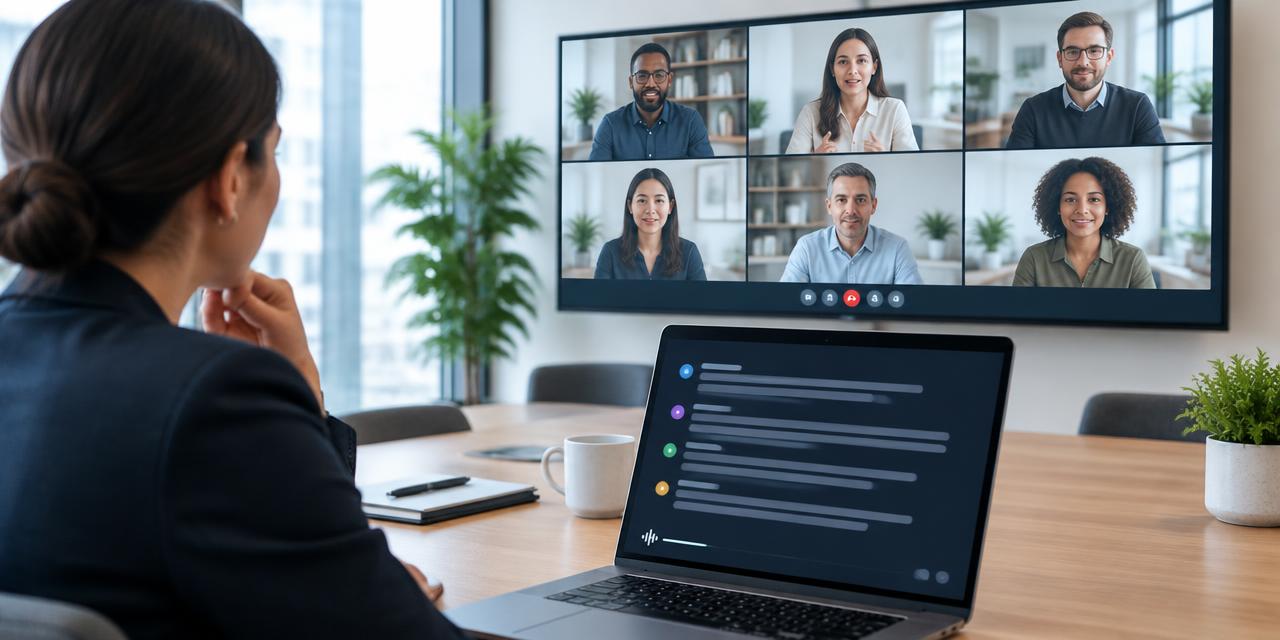 A person faces a screen showing six video call participants with a laptop on the desk.