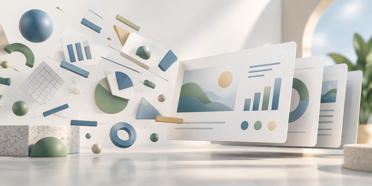 Abstract illustration of layered presentation slides forming from scattered shapes and lines