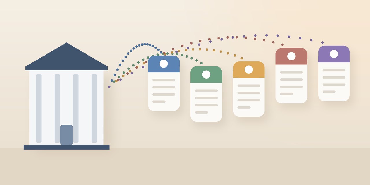 Abstract illustration of a small columned building linked by dotted arcs to five rounded cards in muted colors