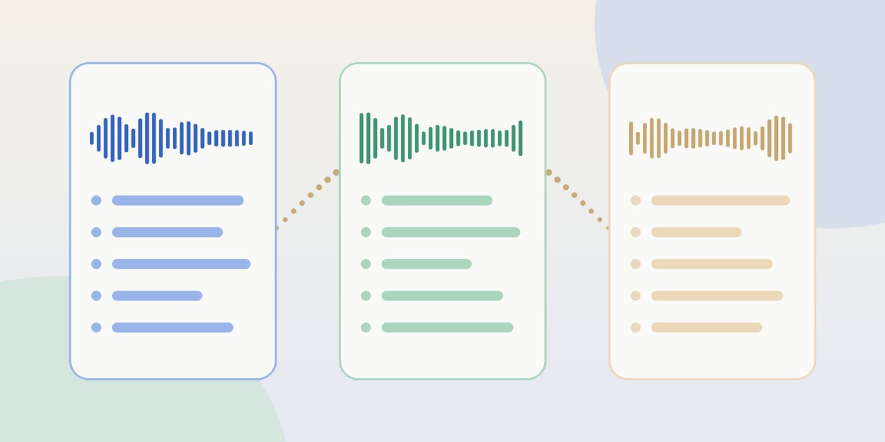 Illustration of three note cards, each with a sound wave above lines of notes, in blue, green and sand tones