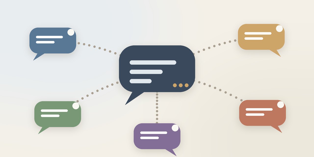 Abstract illustration of a dark central chat bubble linked by dotted lines to five smaller chat bubbles in muted colors
