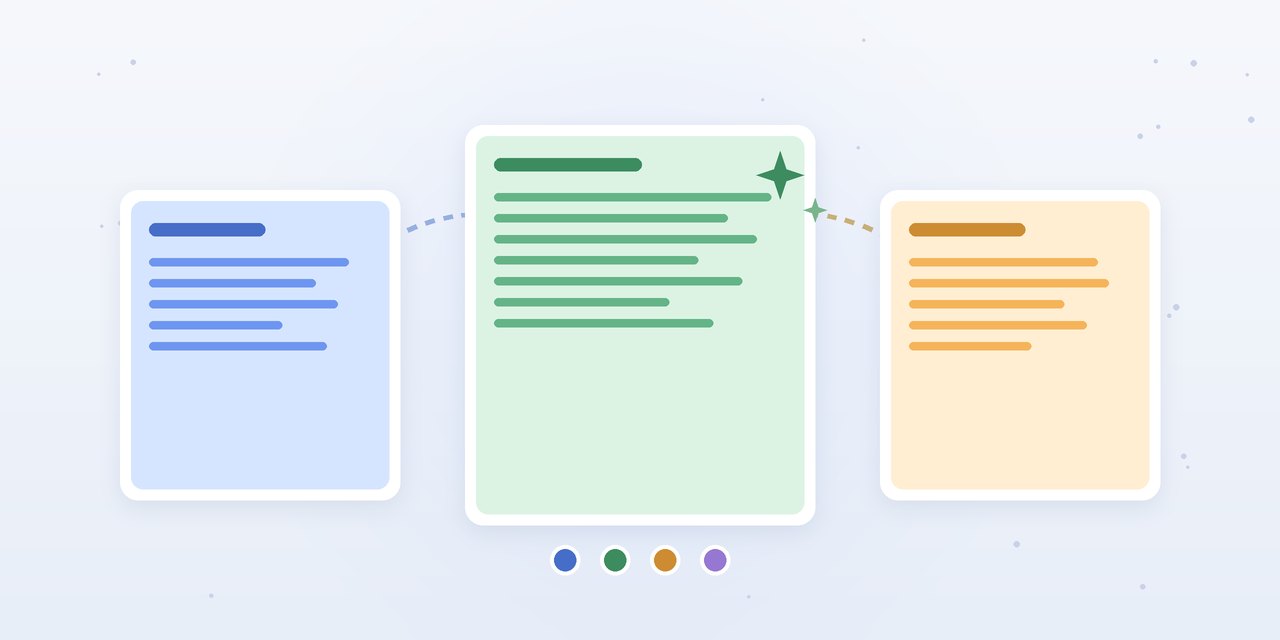 Abstract illustration of three document cards in blue, green and amber linked by dotted arcs above a row of color swatches