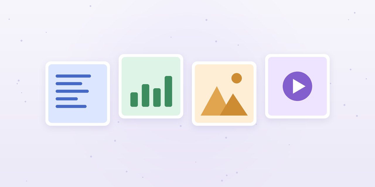 Abstract illustration of four tiles showing text lines, a bar chart, a landscape picture and a play button